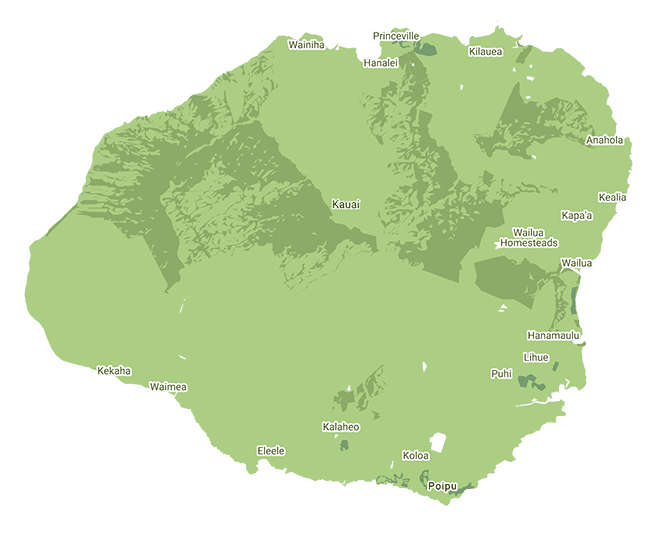 Map of Kauai showing Isaiah's Tree Service's service area around the entire island.